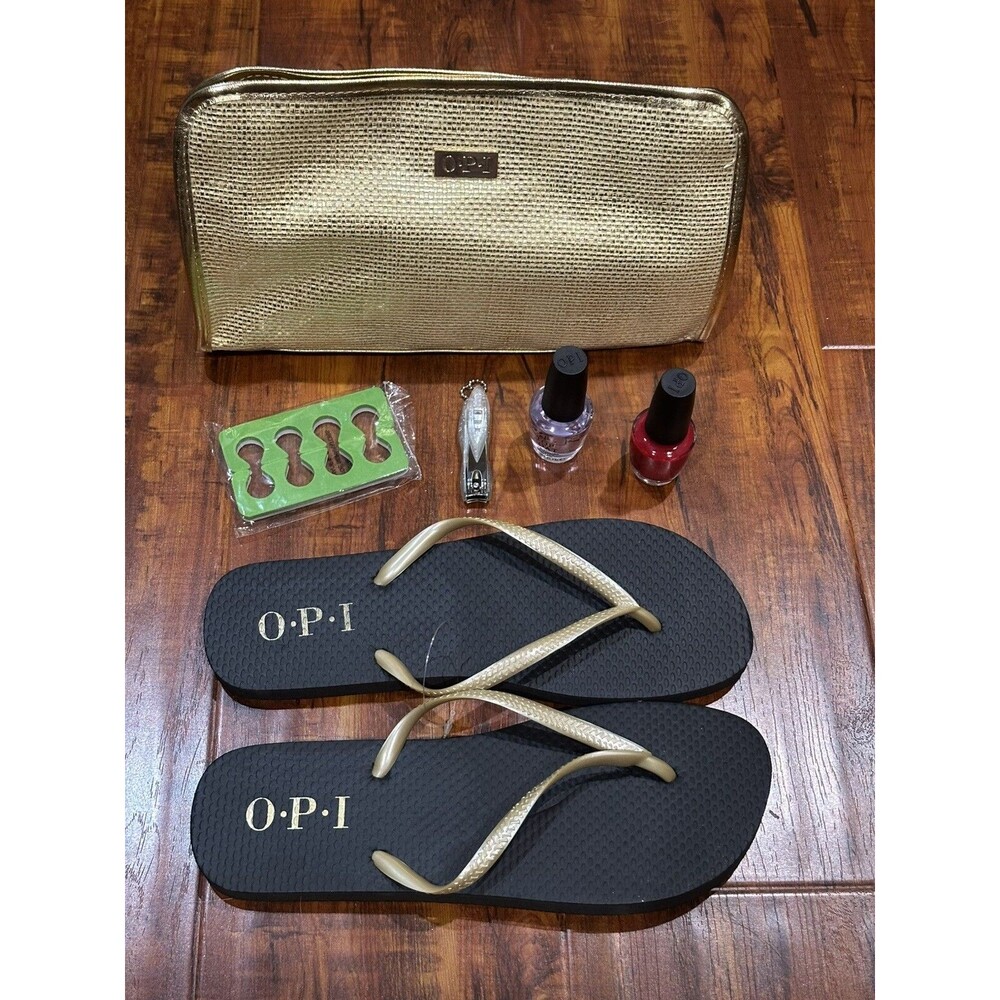 OPI Gold Makeup Bag Kit with Flip Flops, Nail Clippers, Top Coat & Nail Polish